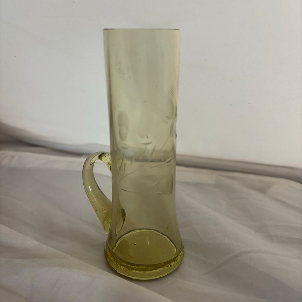 Blown Glass Floral Etched Amber Shot Glass With Handle